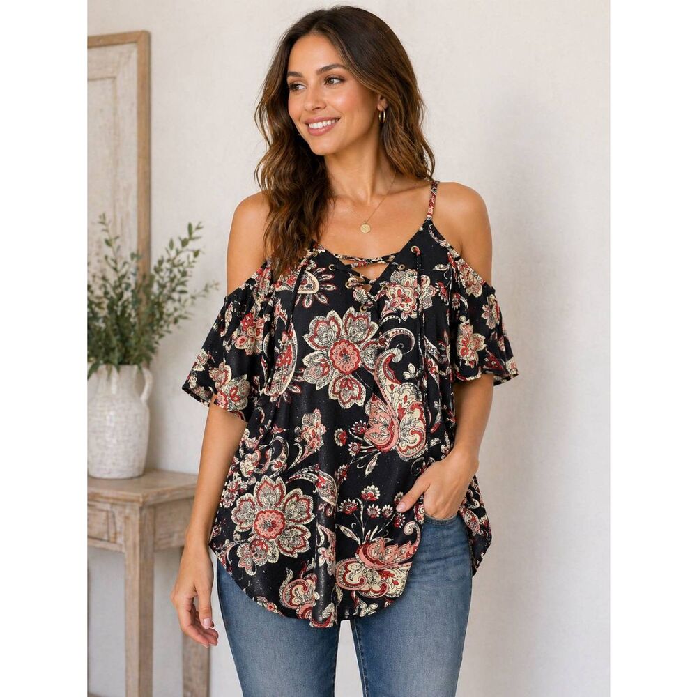 Daytrip Cold Shoulder Floral Blouse Small Boho